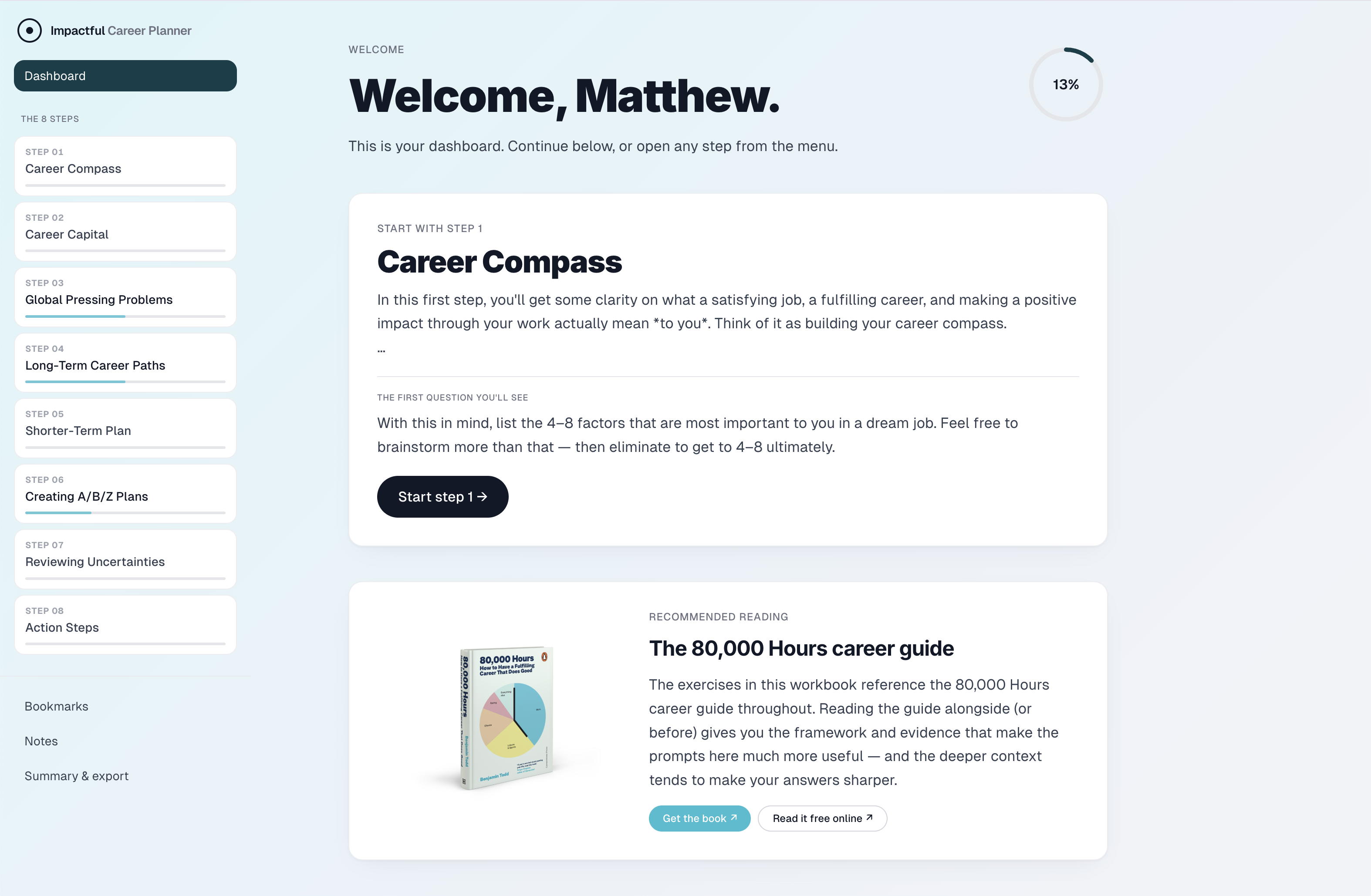 Screenshot of the Impactful Career Planner dashboard